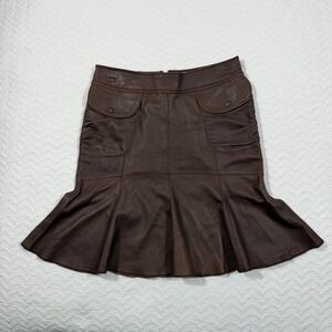 VTG June Skirt Women 4 (29x20) 100% Leather 100%Silk Lined Flared Pocket Brown